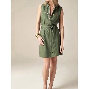 NEW! J. Crew Front Zip Linen Blend Dress with Waist Belt Sleeveless Green SZ 6